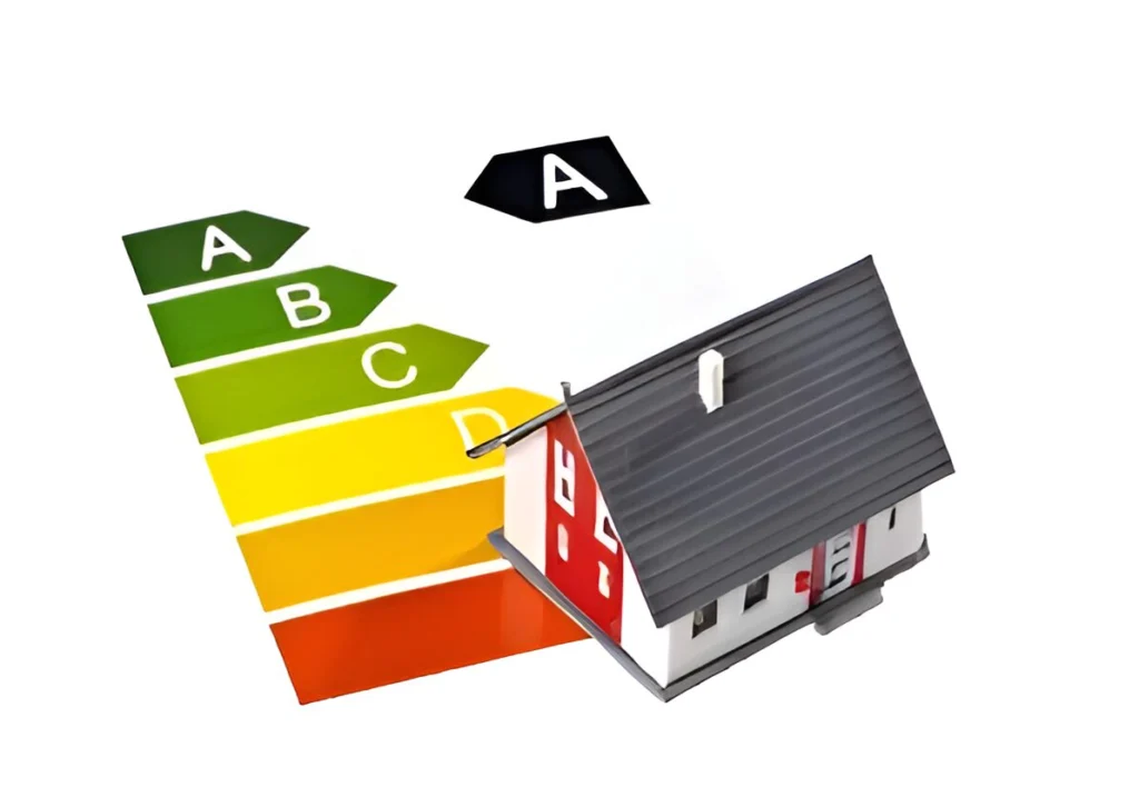 SAP Calculations Greater Manchester SAP calculations and EPC energy efficiency rating chart with a model house beside color-coded arrows ranging from green high energy efficiency to red low energy efficiency for building compliance and performance ratings